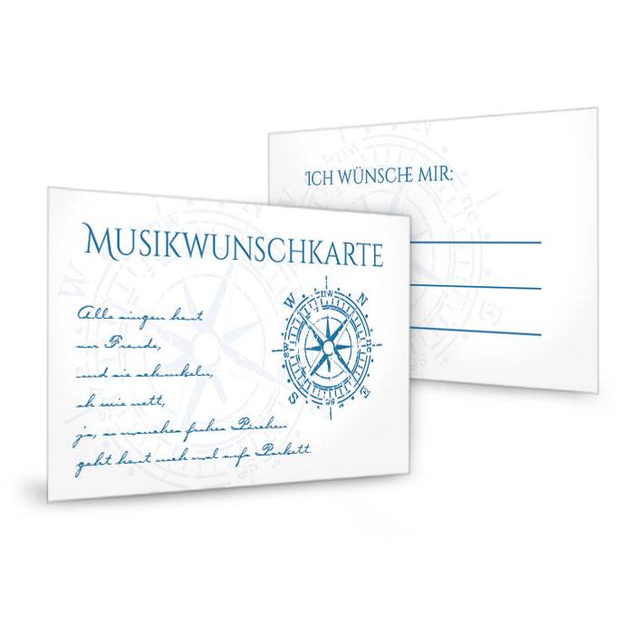 Musikwunschkarten zur maritimen Hochzeit mit Kompass in Blau | Cariñokarten
